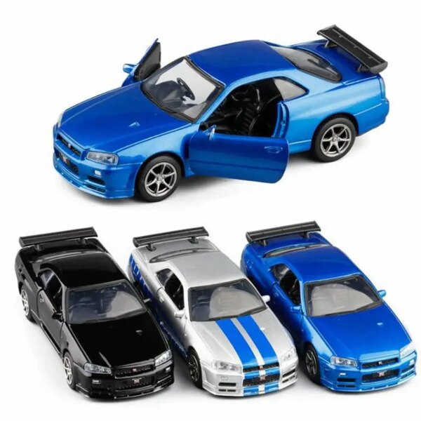 1/36 Nissan Skyline GTR R34 Toy Car Welly Diecast Metal Miniature Model Pull Back Doors Openable Collection Gift For Boy, Kid