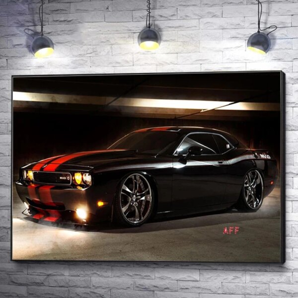 Black Dodge Challenger with Red Stripes Vehicle Modern Wall Art Picture and HD Prints Canvas Painting for Living Room Home Decor