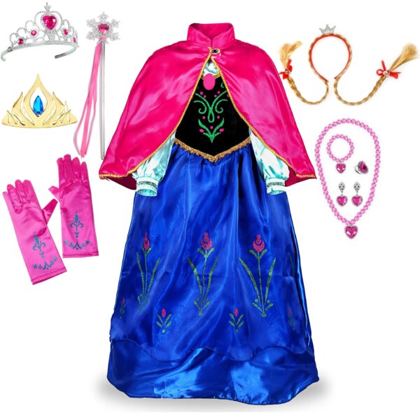 Fuchsia Anna Dress with Cape for Kids Carnival Princess Disguise Frozen Party Clothing Girl Hallloween Comic Con Event Anna Gown