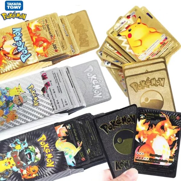 Pokemon Gold Foil Card English French German Spanish Vmax GX Gold Black Silver Colorful Rainbow Kids Battle Cards Birthday Gifts