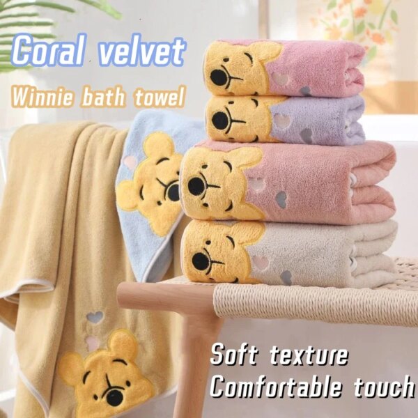 2Pcs Winnie Bear Towel Bath Towel Set Soft and Absorbent Coral Velvet Bath Towel Home Wash Towel Children's Cartoon Bath Towel