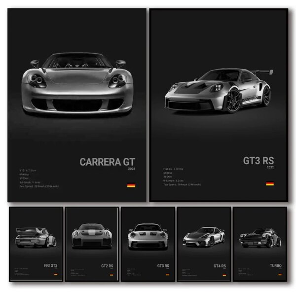 Black And White German Luxury Sports Car Poster Print Wall Art 911 GT3 RS Turbo HD Canvas Painting Garage Living Room Home Decor