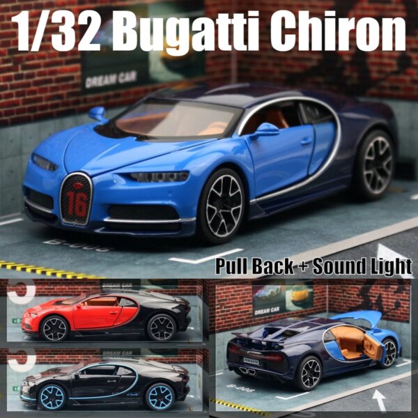 Bugatti Chiron Car Toy For Children 1/32 Diecast Super Sport Miniature Model Pull Back Sound & Light Collection Gift For Boys