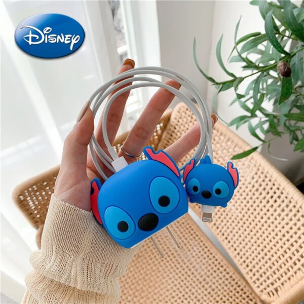 Disney Stitch Mickey Mouse Cartoon Silicone Protector Case for IPhone Charger Cable Data Line Head Protection Cover Accessories