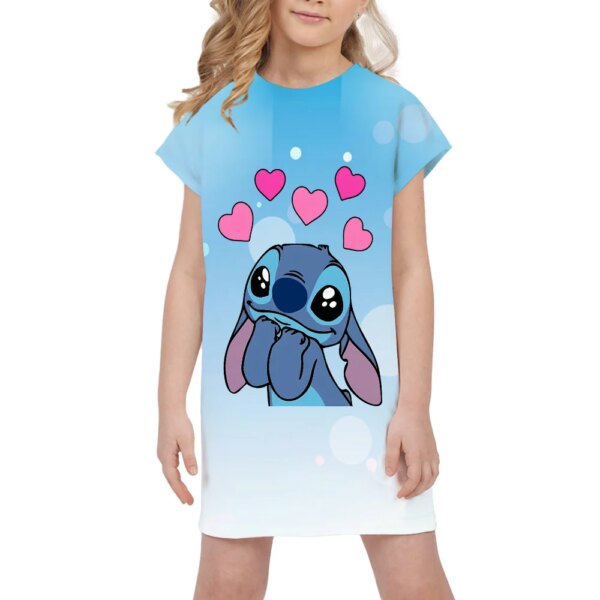 Disney Stitch printed girls' dress birthday princess dresses summer children's casual clothes cartoon girl top kid short sleeved