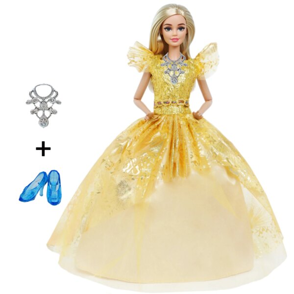 Fashion Golden Princess Doll Dress Party Wear Gown Outfit with Blue Crystal Shoes Necklace Clothes for Barbie Doll Kids Gift Toy