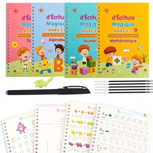 French Children's Book 4Pcs Magic Practice Magic Copybook for Kids Before School Math Alphabet Drawing Reusable Calligraphy Book