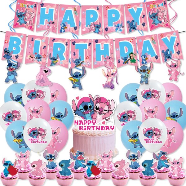 Pink Lilo & Stitch Theme Party Decorations Set Happy Birthday Banner Balloons Cake Topper Baby Shower Kids Birthday Party Favors