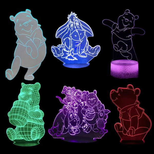 Pooh Bear Winnie the Pooh Cartoon 3D Tigger Visual Night Lights LED Piglet Lamp Anime Nightlights Color Changing Desk Lamp